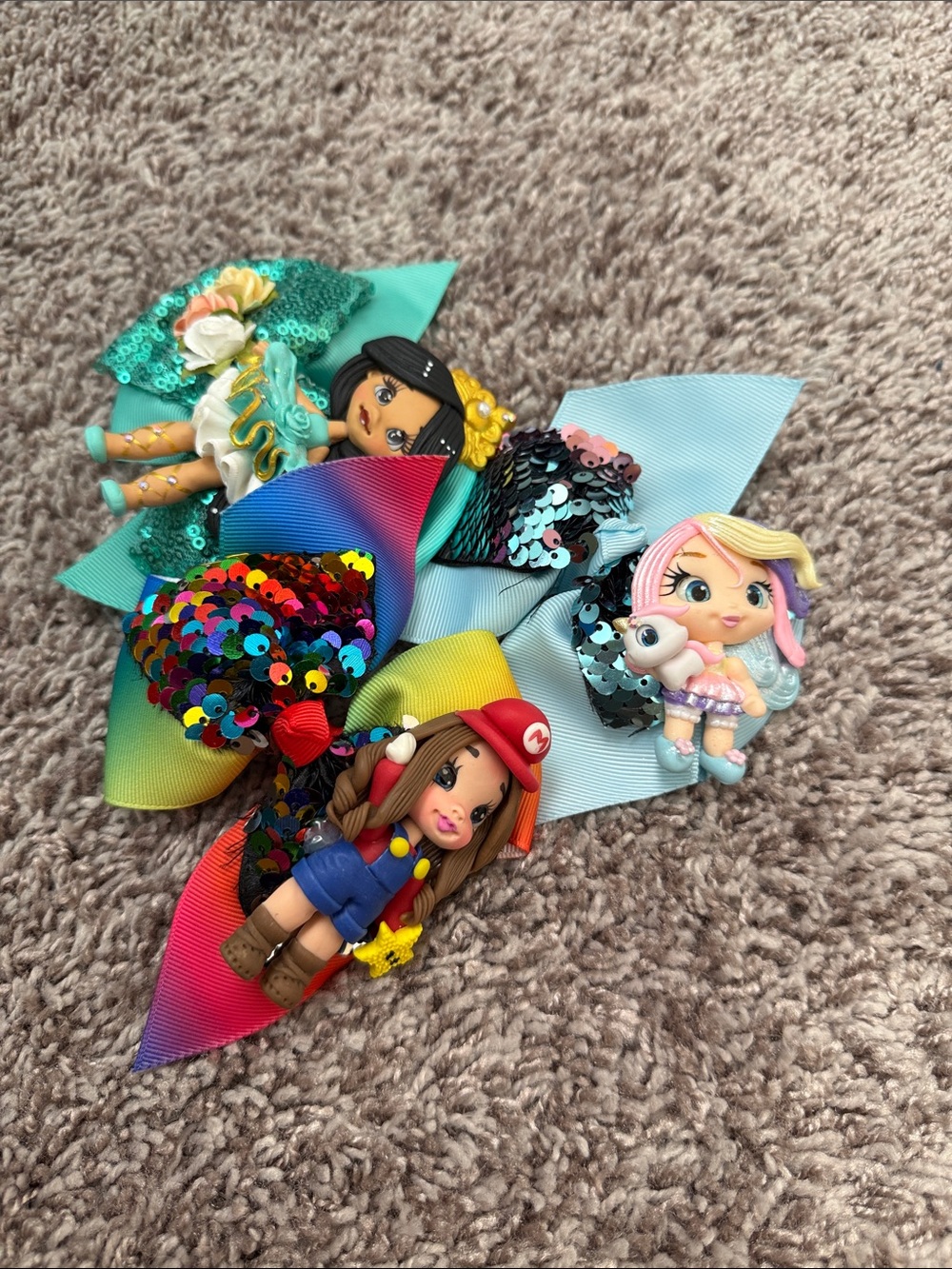 3 Colorful Sequin Character Hair Bows - Multicolored
